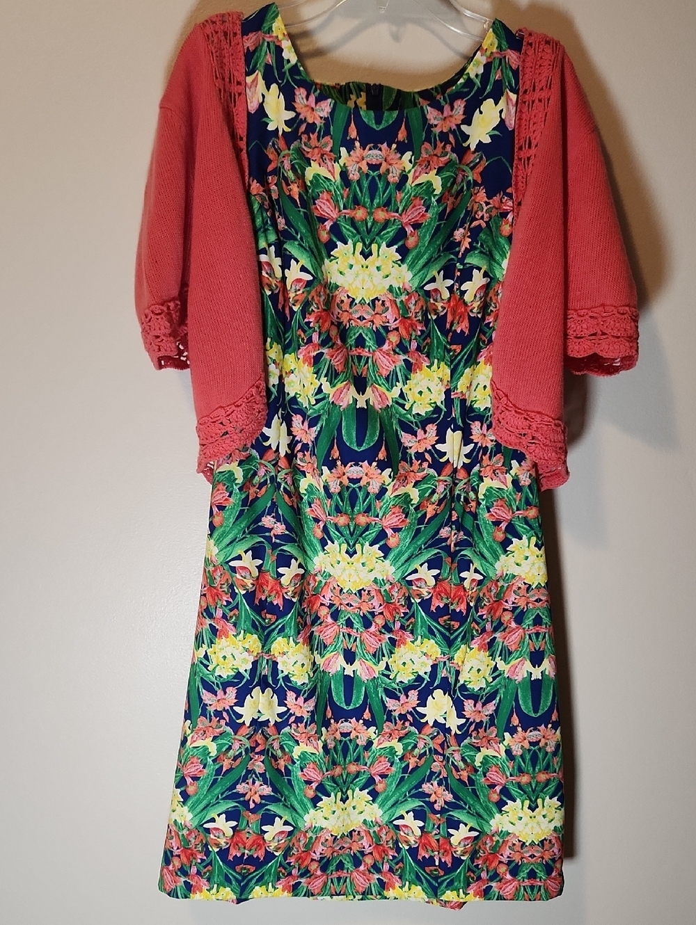 AGB Floral Print Dress in Navy, Green and Coral With Coral Sweater Sz 12